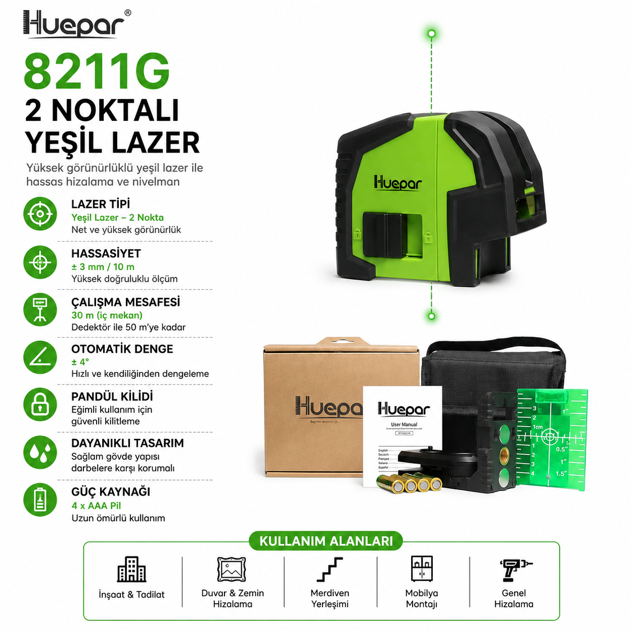Huepar 8211G - 2 Şakül Noktalı Profesyonel Yeşil Çapraz Çizgi Lazer Seviyesi