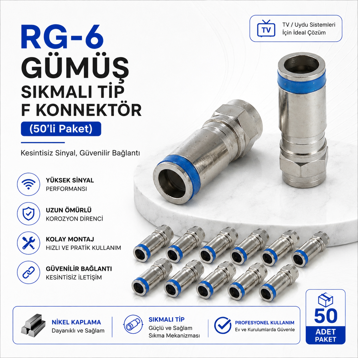 RG-6 Gümüş Sıkmalı Tip F Konnektör (50'li Paket)