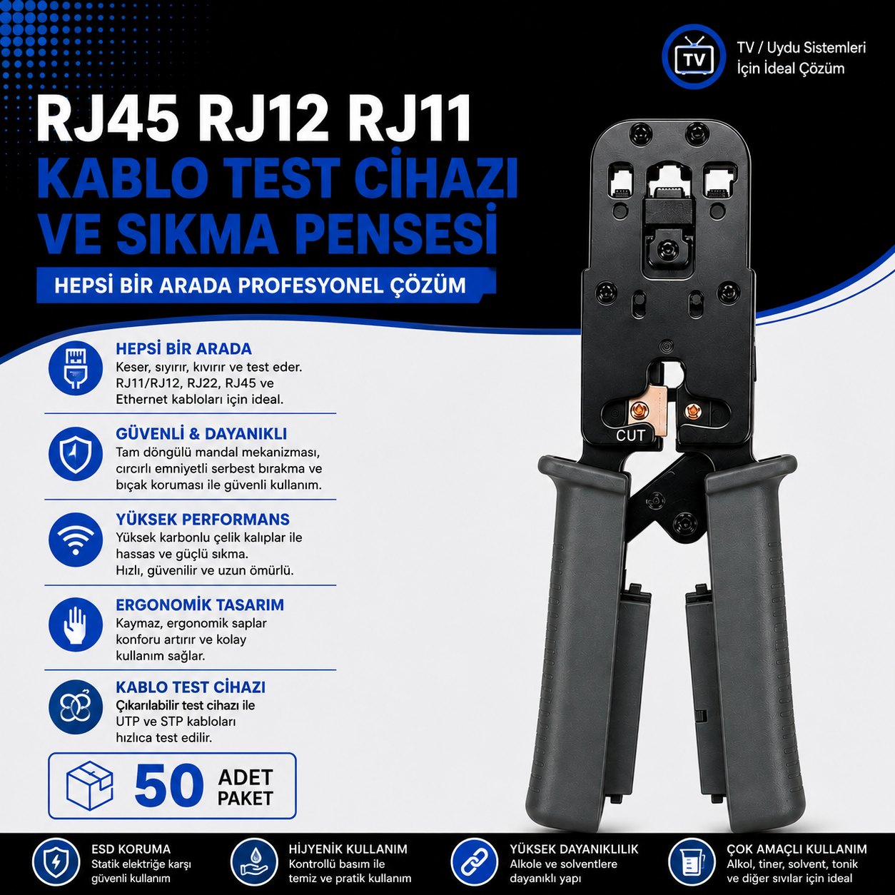 RJ45 RJ12 RJ11 Kablo Test Cihazı Ve Sıkma Pensesi