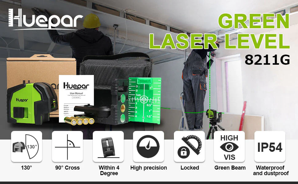 Huepar 8211G - 2 Şakül Noktalı Profesyonel Yeşil Çapraz Çizgi Lazer Seviyesi